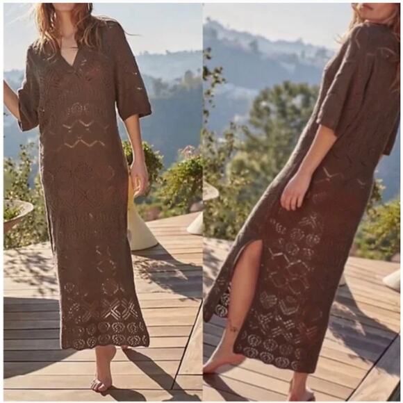 Free People Islamorada Fauxchet Sweater Maxi Crochet Dress Brown Womens Large - Picture 1 of 14